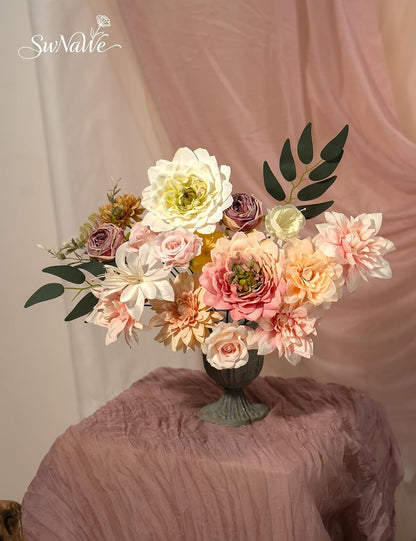 Light Pink Flowers Artificial Roses Combo Set Fake Pink Silk Flowers Faux Flowers Mix Dahlia with Stems for Wedding Bouquets Baby Bridal Shower Party Floral Arrangements Decor