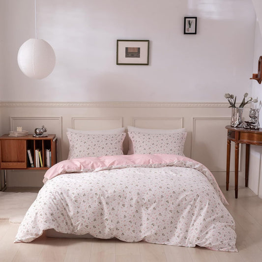DREAMINGO Floral Duvet Cover Full Size, 100% Cotton Cute Bedding Set, Reversible Botanical Flowers Cottagecore Style White Pink Duvet Cover Set, Lightweight Soft for Teens Girls Women