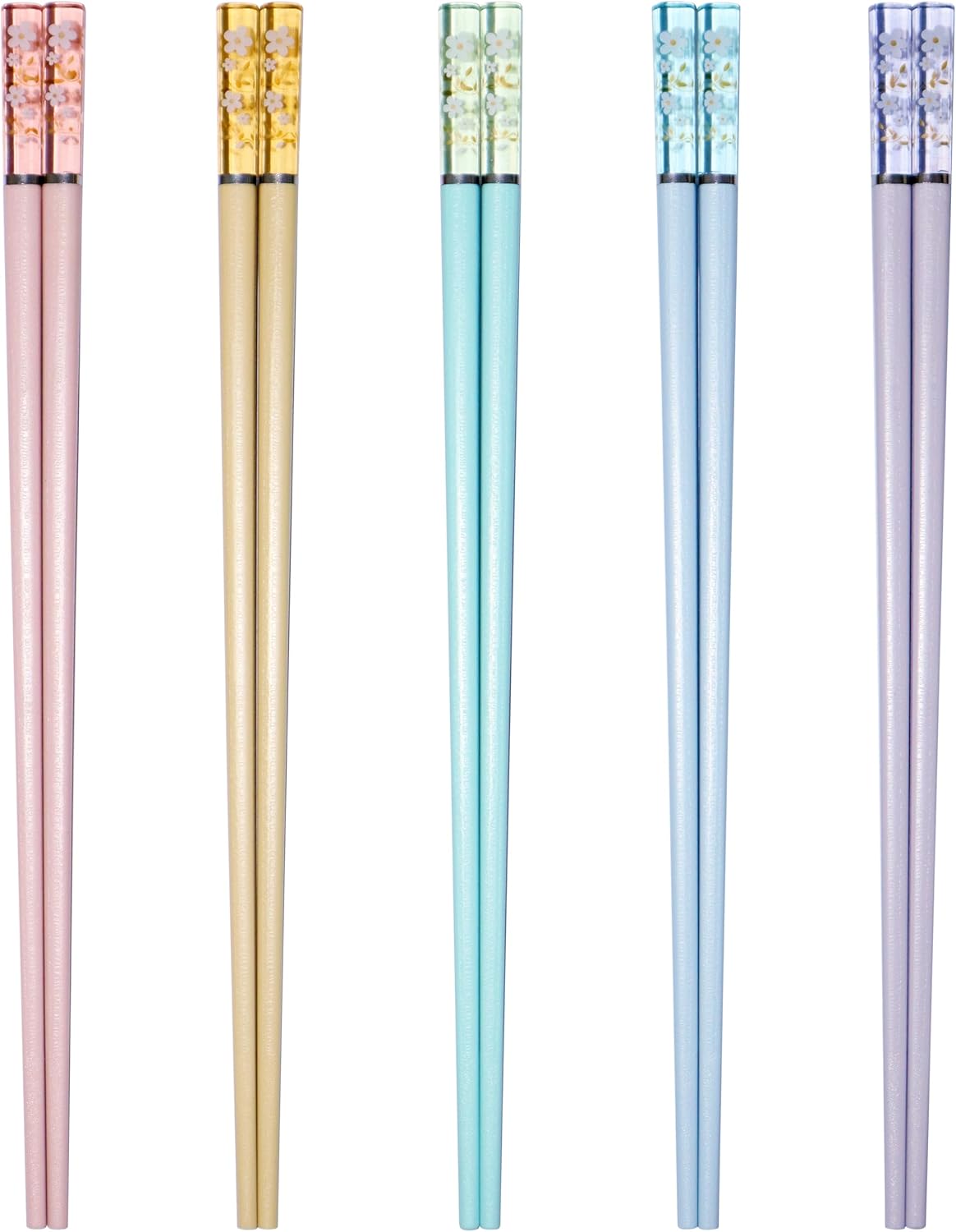 5 Pairs Fiberglass Chopsticks - Amber Cherry Blossom Pattern, Multicolor - Japanese & Korean Chopsticks - Reusable, Dishwasher Safe - Yellow, Pink, Blue, Green, Purple