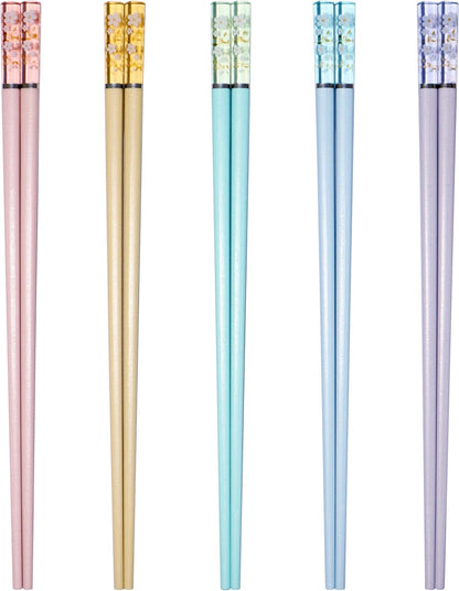 5 Pairs Fiberglass Chopsticks - Amber Cherry Blossom Pattern, Multicolor - Japanese & Korean Chopsticks - Reusable, Dishwasher Safe - Yellow, Pink, Blue, Green, Purple