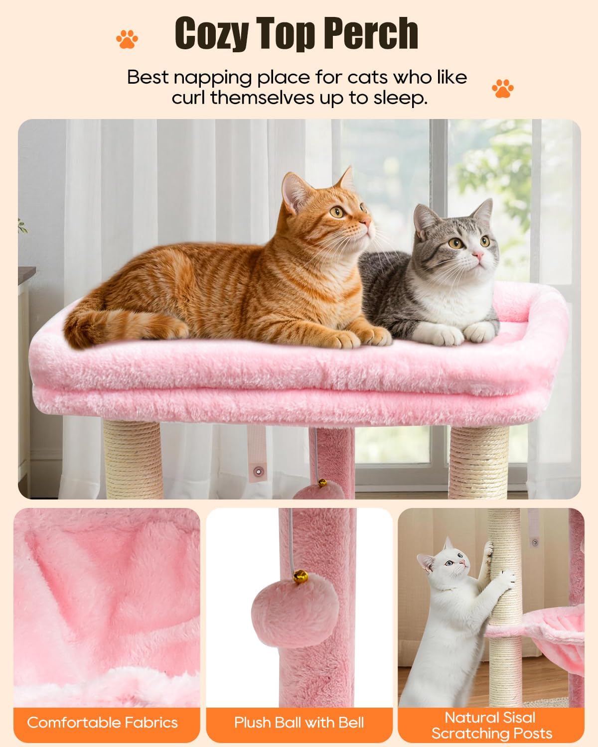 SYANDLVY Small Cat Tree for Indoor Cats with Top Perch, Middle Hammock & Bottom Bed, Natural Sisal Scratching Post Tower with Hanging Bell Ball & Anti-Tip Strap, Stable Indoor Cat Furniture, Pink