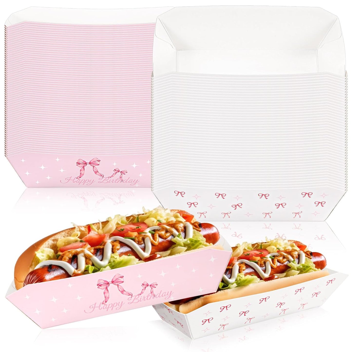 Blushtier 7" Pink Bow Paper Hot Dog Trays Pink Bow Disposable Paper Food Nacho Boats Hot Dog Holders Plates Disposable Serving Trays for Coquette Birthday Party,Carnivals,Dinners,Cookouts