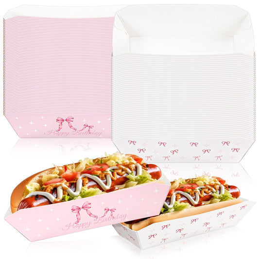 Blushtier 7" Pink Bow Paper Hot Dog Trays Pink Bow Disposable Paper Food Nacho Boats Hot Dog Holders Plates Disposable Serving Trays for Coquette Birthday Party,Carnivals,Dinners,Cookouts