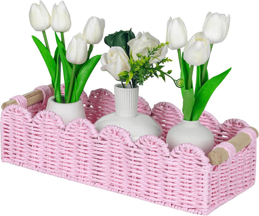 CubesLand Paper Rope Scalloped Edge Gift Basket Empty, Small Living Room,Bedroom Decor Baskets, Pink Woven Toilet Paper Storage Basket, with 2 Wooden Handle, Rectangular