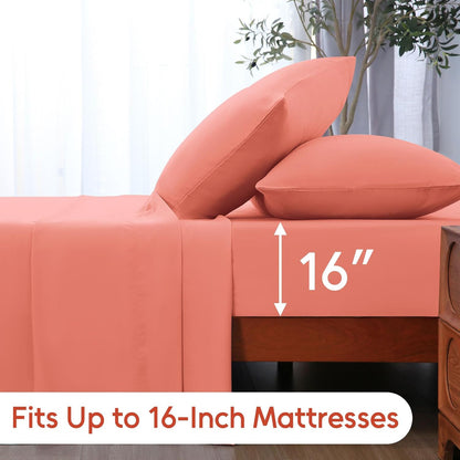 LONAVA Queen Sheet Set 4 Pieces,Peachy Coral Ultra Soft & Breathable Microbifer Sheets, 1600 Thread Count Hotel Luxury Oeko-Tex Bed Sheets, 14-16 Inch Deep Pocket Durable Wrinkle Free Sheets