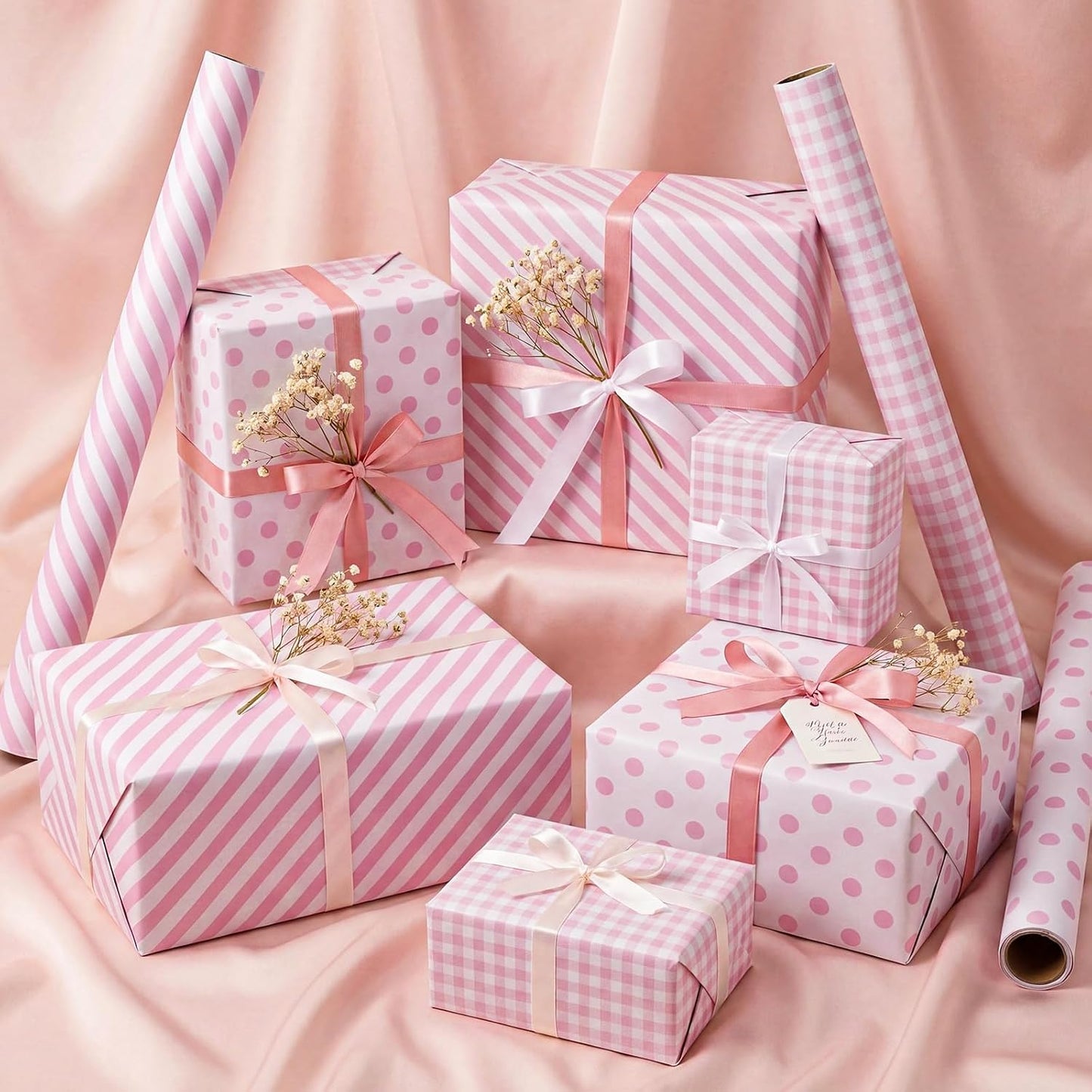 woric Pink Wrapping Paper - Mini Roll - Birthday Wrapping Paper Girls | Wrapping Paper with Gingham Stripe Polka Dot for Women Birthday Baby Shower Girl Wedding - 17 In x 120 In Per Roll