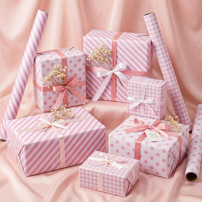 woric Pink Wrapping Paper - Mini Roll - Birthday Wrapping Paper Girls | Wrapping Paper with Gingham Stripe Polka Dot for Women Birthday Baby Shower Girl Wedding - 17 In x 120 In Per Roll