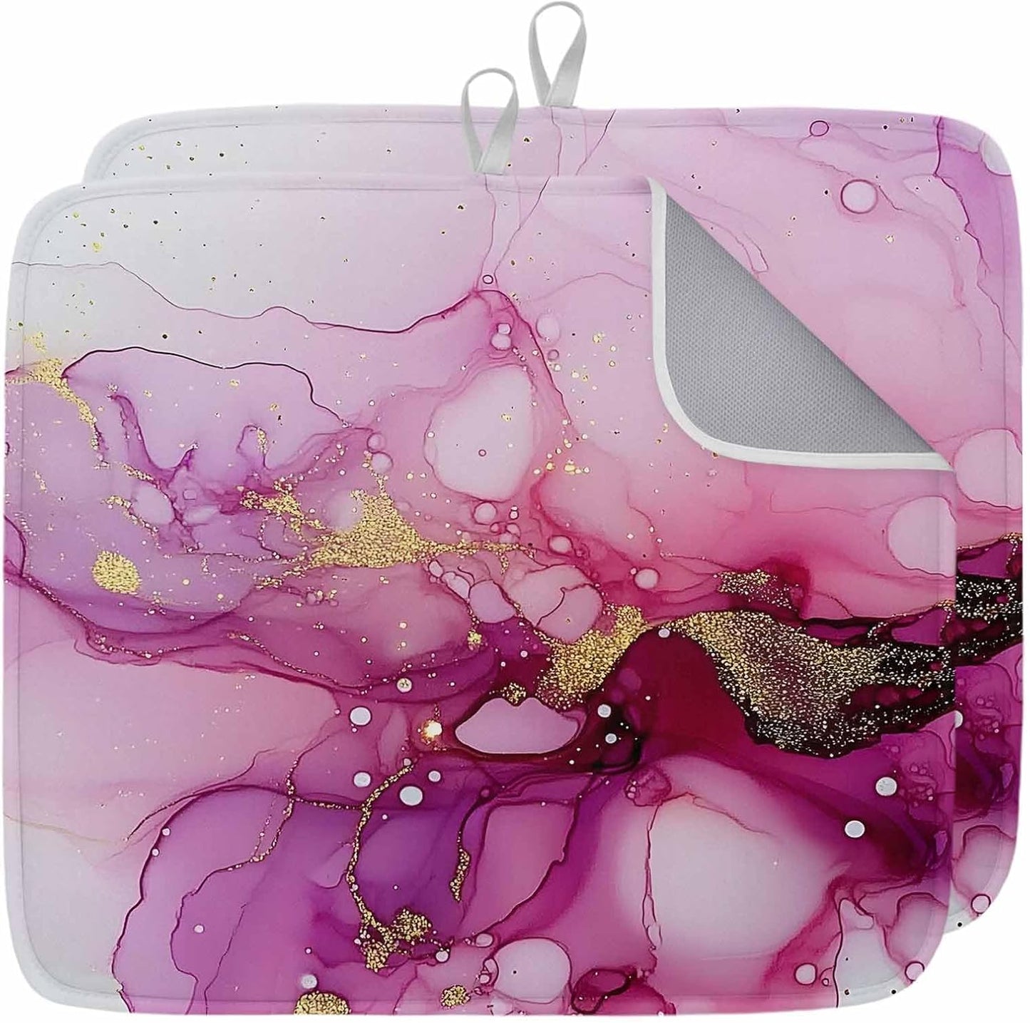 Dish Drying Mat Pink Marble Kitchen Counter Drying Pad for Dishes Glasses Cups and Cookware Golden Waves Abstract Art Absorbent Dish Drying Mat Machine Washable Kitchen Accessories 2 Pack 16" x 18"