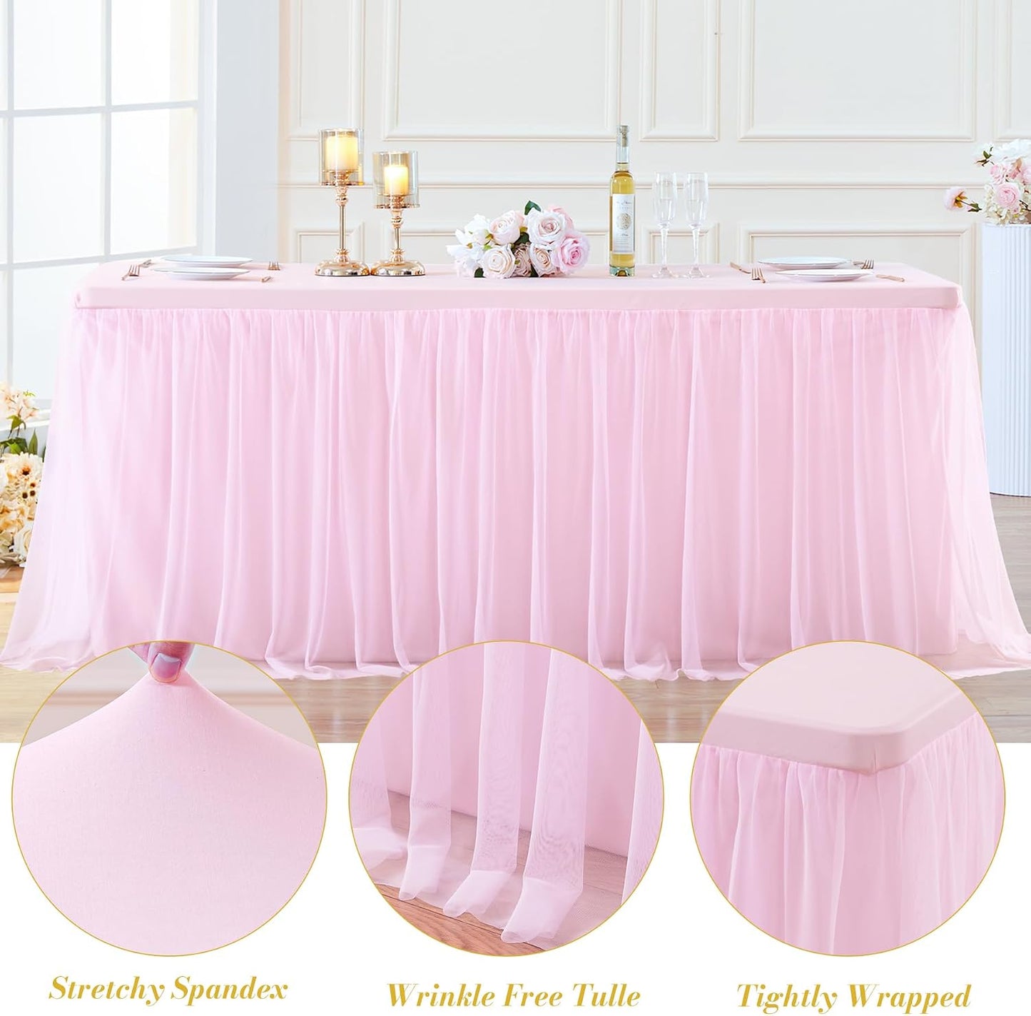 2 Pack Pink Table Cloth for 6 Foot Rectangle Tables, Pink Stretch Fitted Tulle Table Covers Skirt, Rectangular Ruffle Tutu Tablecloth Wedding Banquet Baby Shower Cake Tablecloths Decorations
