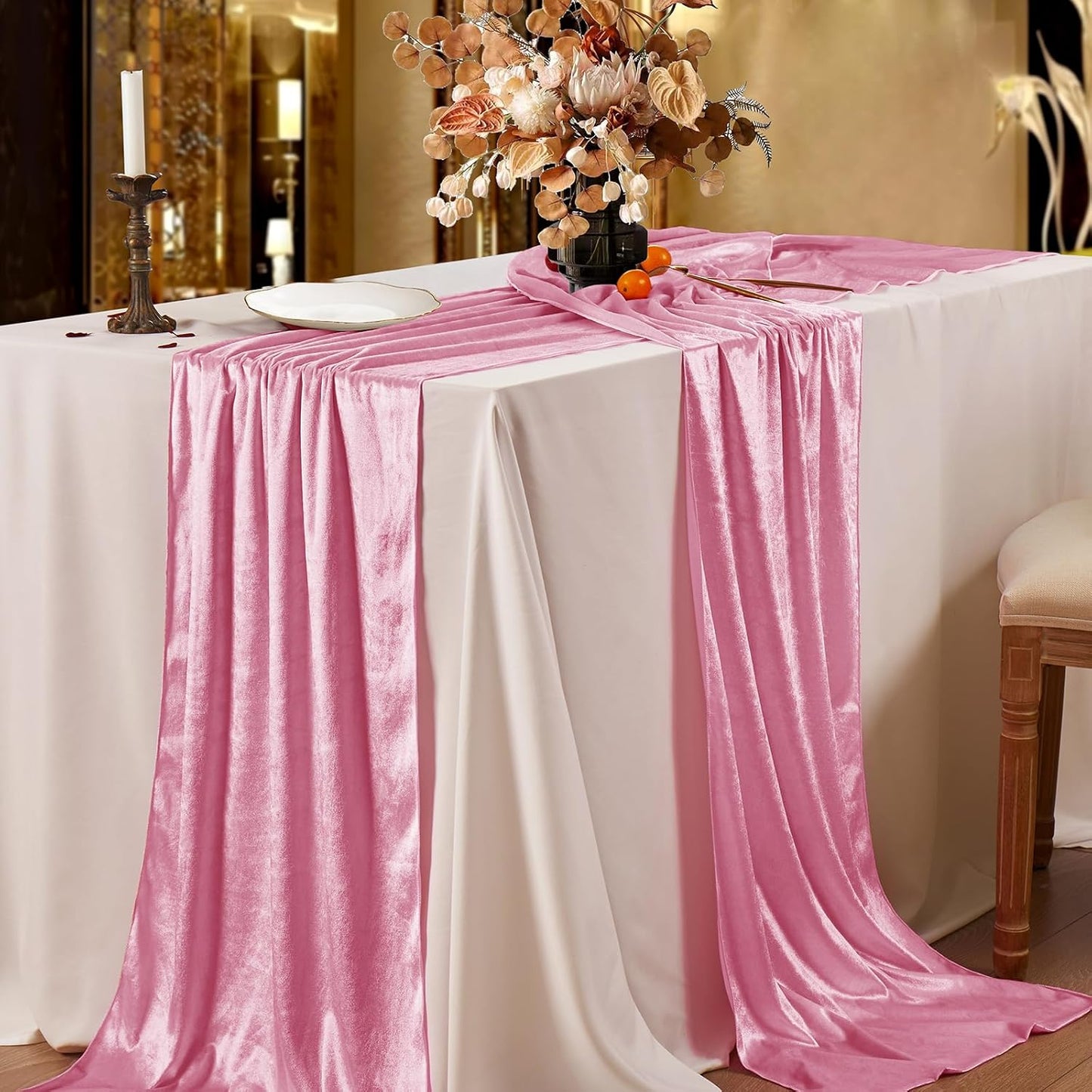 P Pothuiny Velvet Pink Table Runner 20 x 120Inch/ 10ft Long Luxurious Elegant Velvet Fabric Table Runner for Wedding Reception, Thanksgiving, Halloween, Christmas Decor