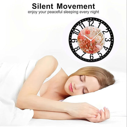 Metal Wall Clock for Living Room -10" Pink Coral Rose Seashell Arrangement Silent Non Ticking,Battery Operated, Antique Wood Clocks for Farmhouse,Dining Room,Bedroom,Kitchen Clock Wall Decor- Arabic N