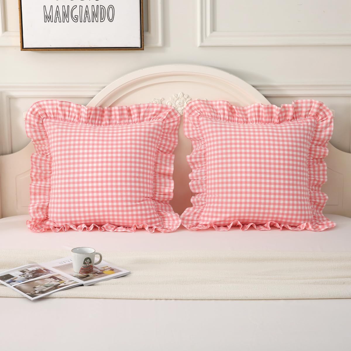 Silnuo Pink Plaid Ruffle Throw Pillow Covers Set of 2,Shabby Washed Cotton Checkered Gingham Pillow Shams Decorative Pillowcases for Sofa,Couch,Liviing Room