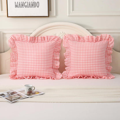 Silnuo Pink Plaid Ruffle Throw Pillow Covers Set of 2,Shabby Washed Cotton Checkered Gingham Pillow Shams Decorative Pillowcases for Sofa,Couch,Liviing Room