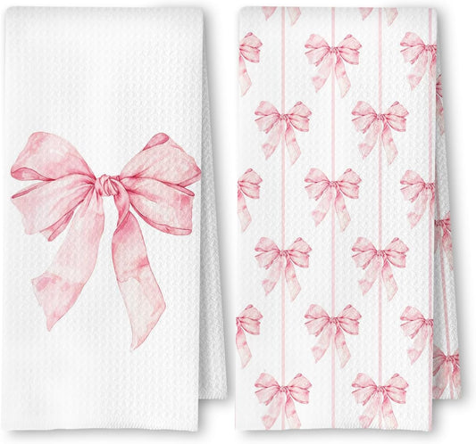Pink Preppy Kitchen Towels Set of 2, Preppy Coquette Bow Hand Towels for Bathroom, Pink Dish Tea Towels for Kitchen Decor, Coquette Girly Bathroom Decor, 16x24 Inches