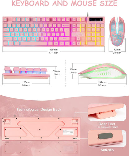 CHONCHOW Pink Gaming Keyboard and Mouse Combo with LED, 104 Keys Wired Light Up Pink Keyboard and Cute Mouse Set for PC Laptop Computer PS4 PS5 Xbox, 19 Keys Anti-ghosting, Multimedia Keys, Number Pad