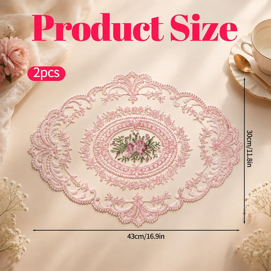 2Pcs Lace Placemats, Pink Oval Embroidered Table Place Mats | French Style Retro Placemats, Crochet Doilies Coasters Cup Mat Table Runner with Pink Flowers for Wedding Home Decor