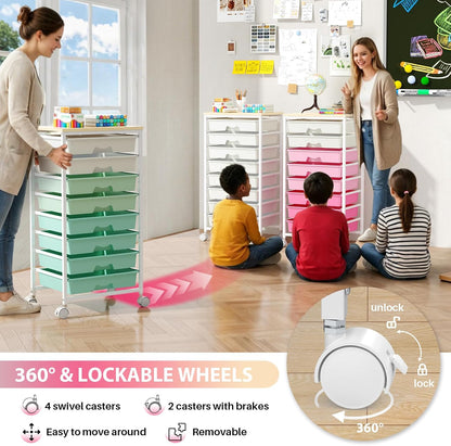 Goovilla Rolling Cart with Drawers, Utility Cart Organizer With 8 Removable Drawers and Wooden Tabletop, Lockable Rolling Storage Organizer for Art, Classroom, Home, Dorm, Office, Craft Storage, Pink