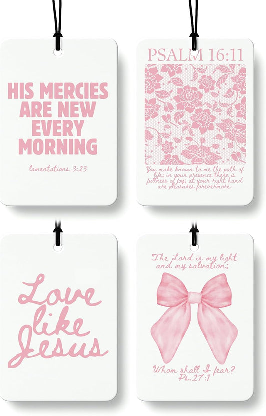Pink Christian Car Air Freshener 4 Pcs, Girly Pink Bow Floral Religious Hanging Air Freshener for Cars Closet Drawer Books, Cute Preppy Christian Car Accessories Mirror Decor for Women