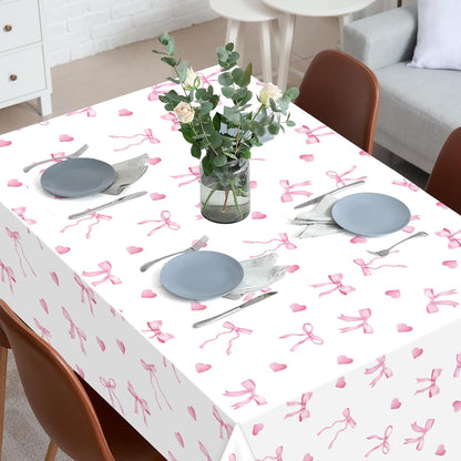 Pink Bow Tablecloth Cute Bow Knot Fabric Table Cloth Girl Coquette Party Decoration Pink Bowknot Washable Rectangle Table Cover for Women Bachelorette Engagement Party Home Kitchen Decor 60 x 104 Inch