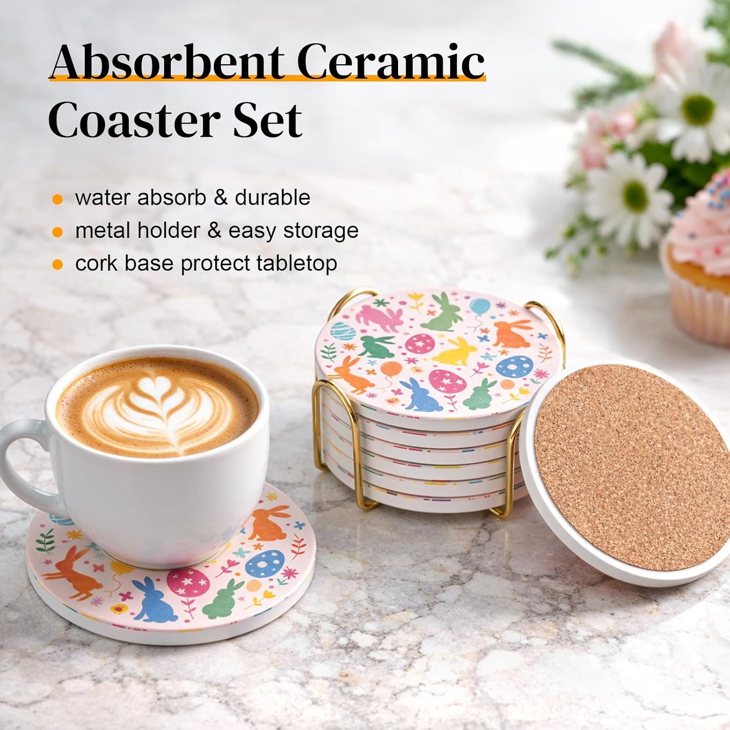 Absorbent Ceramic Coasters Set of 6 with Holder - Cute Bunny Floral Drink Coasters, Spring Home Decor, for Mom