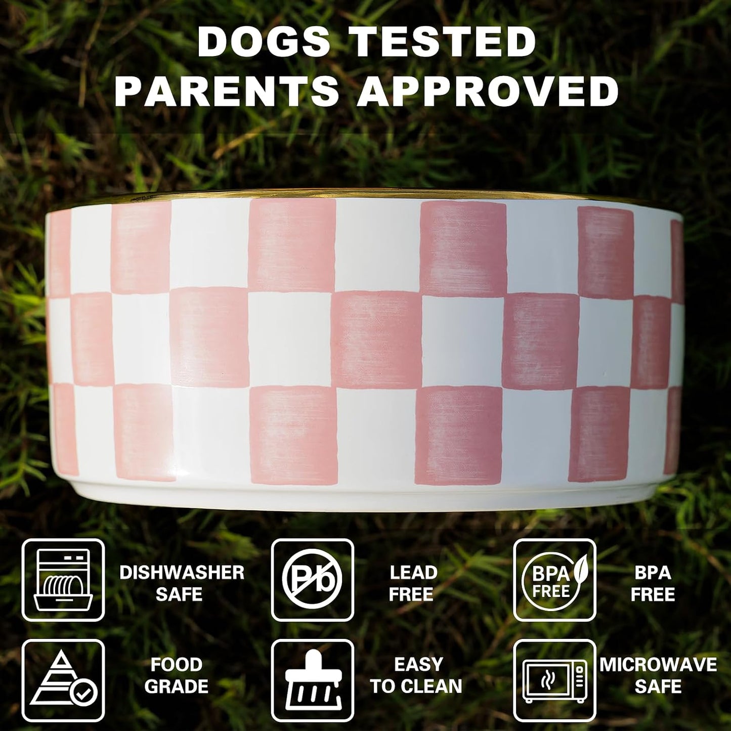 Ceramic Dog Bowls for Medium Dogs, 3.5 Cups Checkered Dog Food and Water Bowl with Acacia Wood Stand, Non-Slip Anti-Tip Elevated Feeding Station, Pink and White