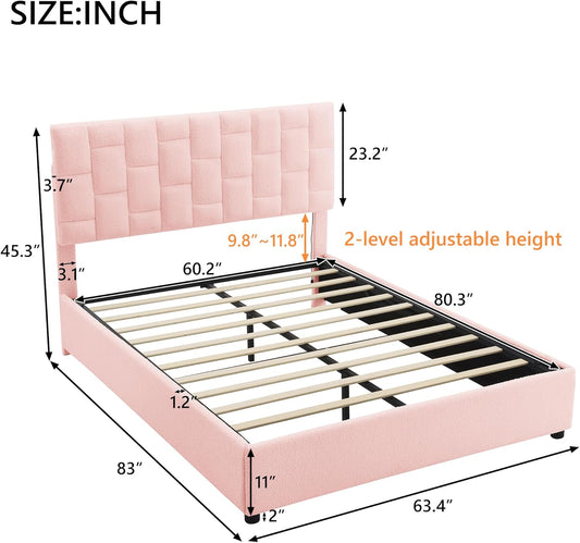 Lift Up Storage Queen Bed with Light, Upholstered Platform Bed with USB & C-Type Charging, Hydraulic Lifting Under Bed Storage and Height-Adjustable Headboard, Queen Size (Pink)