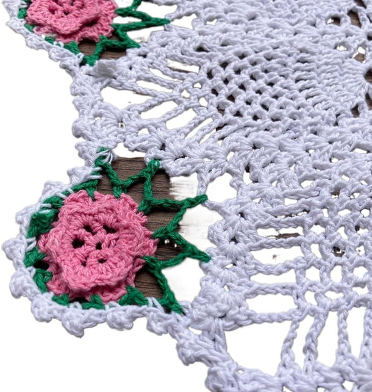 Handmade Crochet Floral Table Overlays Farmhouse Round Tablecloths for Wedding 18 inch Pink Rose Flower(Pink)
