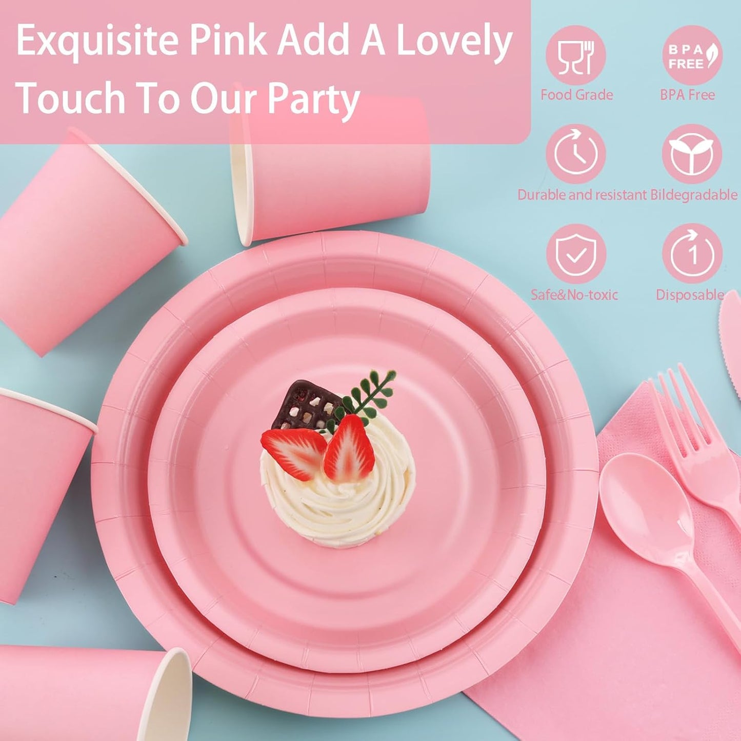 168PCS Light Pink Paper Plates and Napkins,Pink Disposable Plates Set with Utensils Serve 24 Guests for Baby Shower Graduation Valentines Day Party Decorations Party Supplies