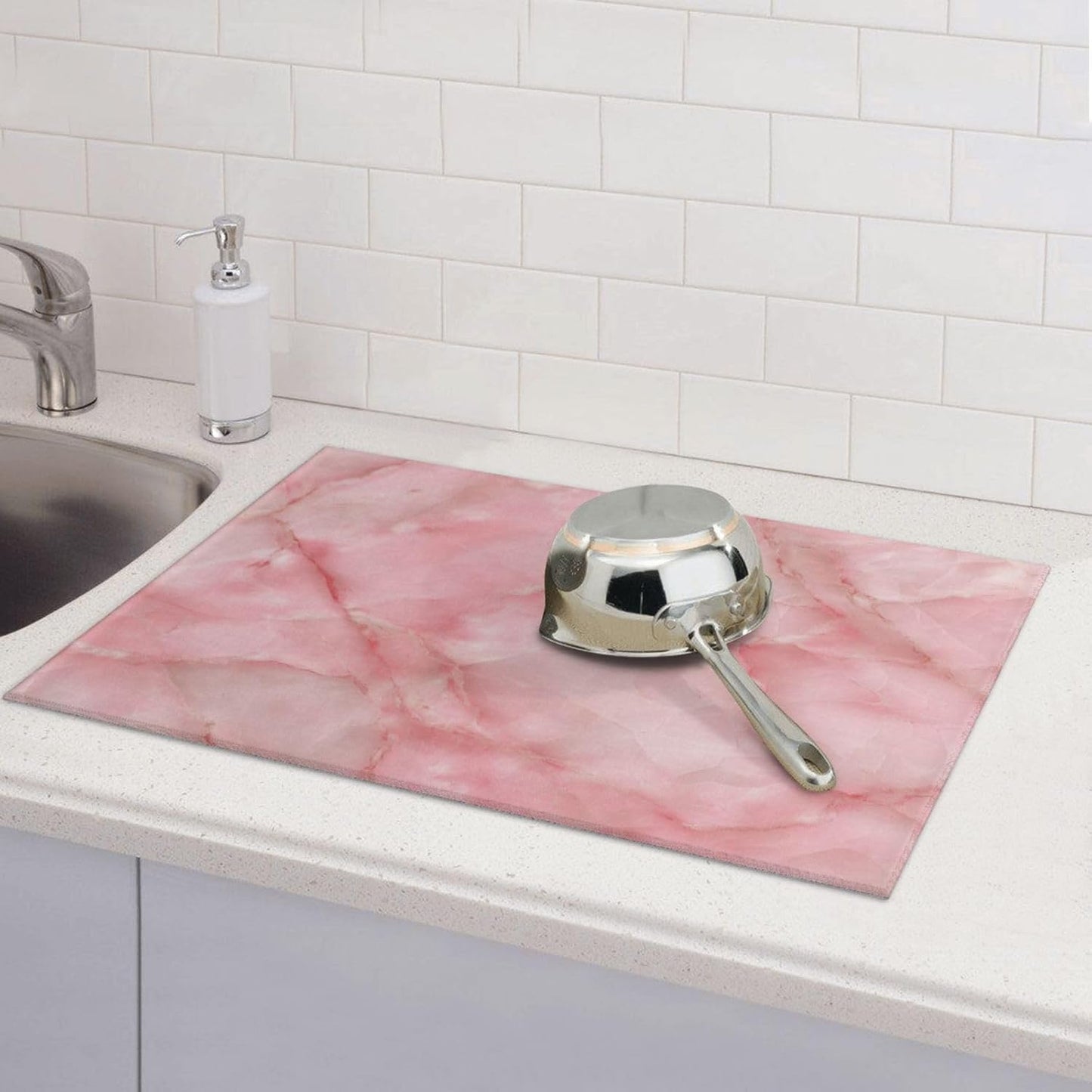 Light Pink Marble Tile Dish Drying Mat For Kitchen Counter, Drain Rack Mat Microfiber Quick Dry Dish Pad