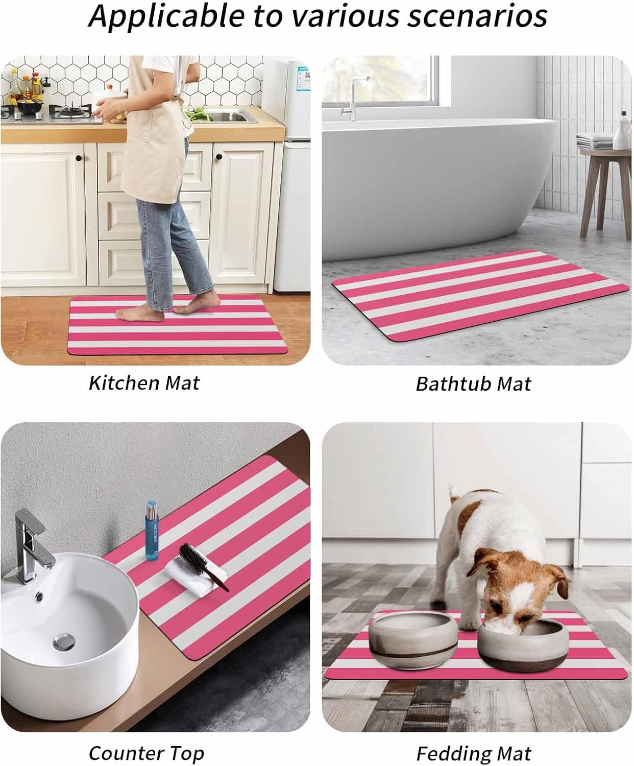 Pink Striped Bath Mat for Tub,Modern Simple Monochrome Geometric White Non Slip Bathroom Floor Runner Rug Quick Dry & Absorbent Diatomaceous Earth Shower Sink Bedroom Kitchen Doormat 16"x24"
