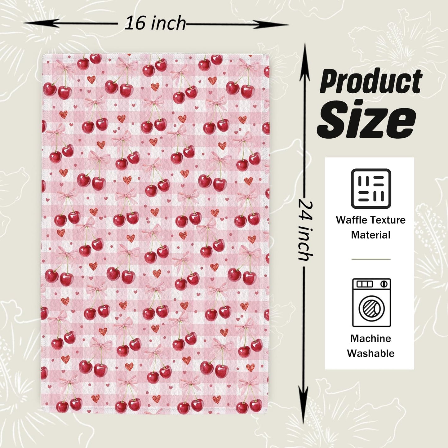Pink Bow Cherry Checkered Kitchen Dish Towels, Cherry Gifts for Women, Preppy Girly Valentine's Day Plaid Decorative Hand Tea Towels for Kitchen Bathroom, 16x24 Inch