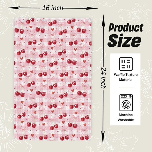 Pink Bow Cherry Checkered Kitchen Dish Towels, Cherry Gifts for Women, Preppy Girly Valentine's Day Plaid Decorative Hand Tea Towels for Kitchen Bathroom, 16x24 Inch