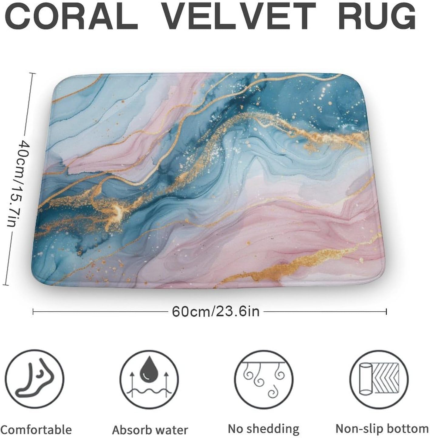 Marble Bathroom Rugs Mat 15.7" x23.6, Modern Luxury Foil Texture Pink Blue Gold Marble Extra Soft Microfiber Bath Rugs, Non-Slip Bath Carpet, Absorbent Bath Mat for Bathroom Floor, Tub and Shower
