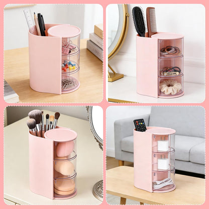 3-Tier Rotating Hair Accessories Organizer, 360° Spinning Storage Stand for Makeup Brushes and Jewelry, Compact Vanity Display Case for Girls, Holds Hair Clips, Earrings, Rings, Bracelets(Pink)