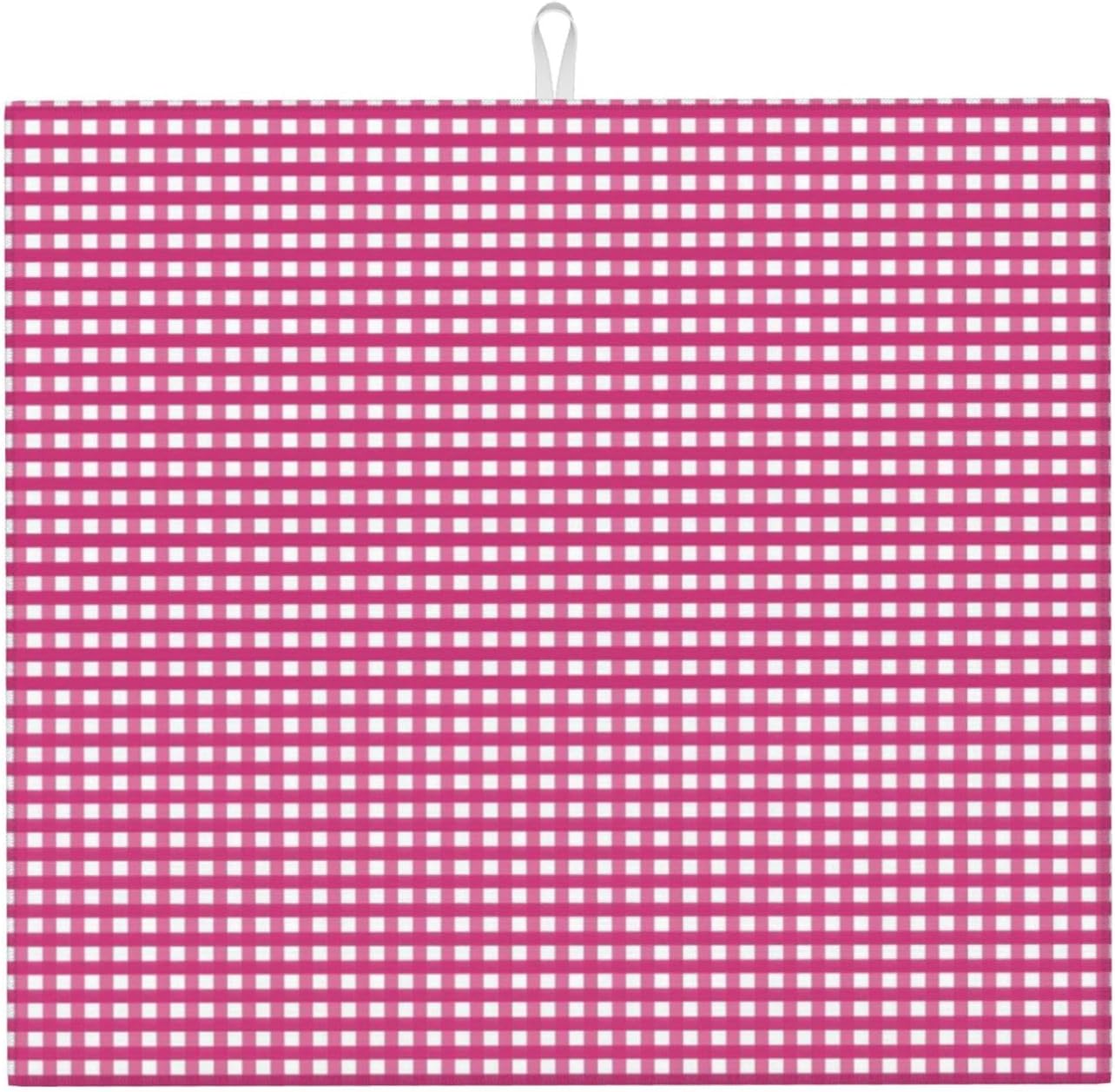 Pink Gingham Print Microfiber Dish Drying Mat for Kitchen Counter 16x18 in Super Absorbent Drying Pad for Countertops, Sinks, Draining Racks with Hanging