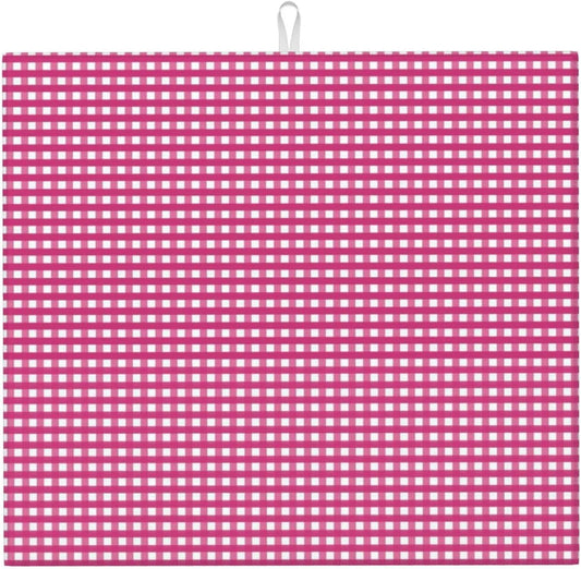 Pink Gingham Print Microfiber Dish Drying Mat for Kitchen Counter 16x18 in Super Absorbent Drying Pad for Countertops, Sinks, Draining Racks with Hanging