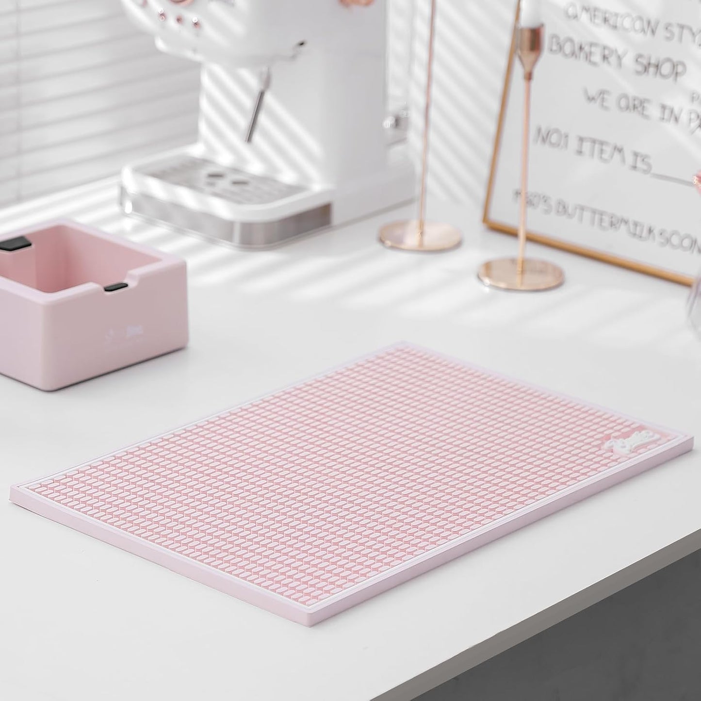 Coffee Bar Mat, 10mm Thick Non-Slip Rubber Bar Drip Tray, Heavy Duty Waterproof Bartender Mat for Countertops, Dishwasher Safe, Easy Clean for Coffee, Beer, Cocktail, Kitchen (Pink, 12*18)