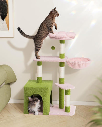 Aechonow Flower Cat Tree for Indoor Cats, 2-Door Large Cat Condo Cave Bed for Big Adult Cats, 41.2'' Cute Cat Tower with Scratching Posts, Cozy Floral Perch and Hammock for Kittens, Green Pink