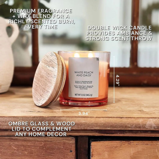 12oz White Peach & Daisy Scented 2-Wick Candle - Ombre Jar Home Fragrance Decor