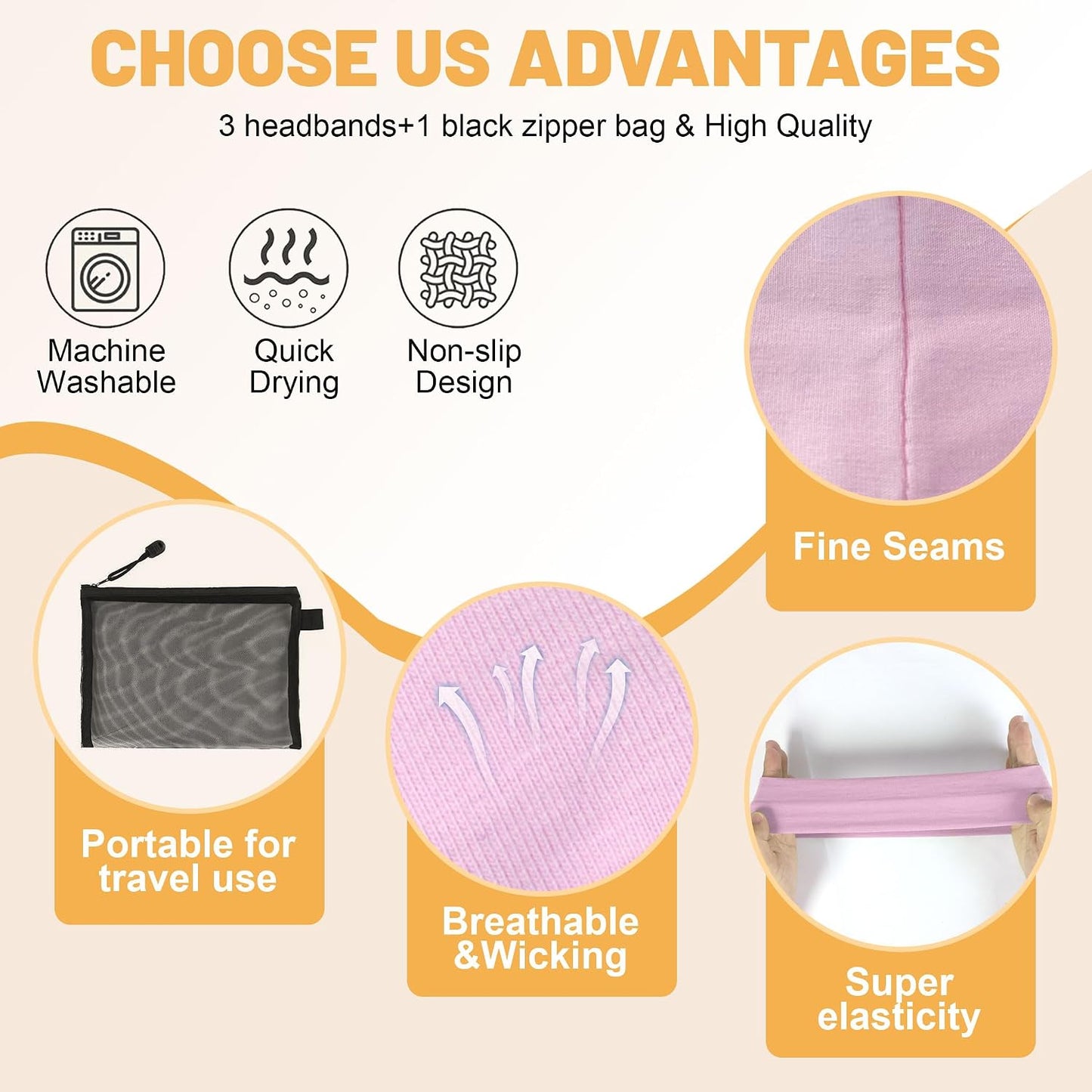 Headbands for Women Non Slip, Soft Cotton Elastic Cloth Hairband for Workout Gym Running Sports, Sweat Wicking Wide Headband, 3 Pack with Bag