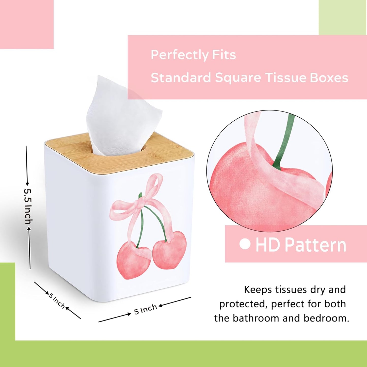 Girly Cherry Tissue Box Cover - Cute Coquette Pink Bow Cherry Square Facial Tissue Box Holder Dispenser for Home Decor, 5x5x5.5 Inch