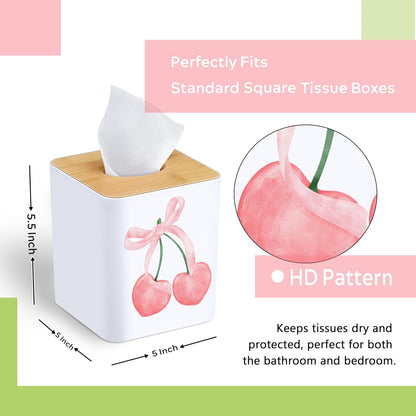 Girly Cherry Tissue Box Cover - Cute Coquette Pink Bow Cherry Square Facial Tissue Box Holder Dispenser for Home Decor, 5x5x5.5 Inch