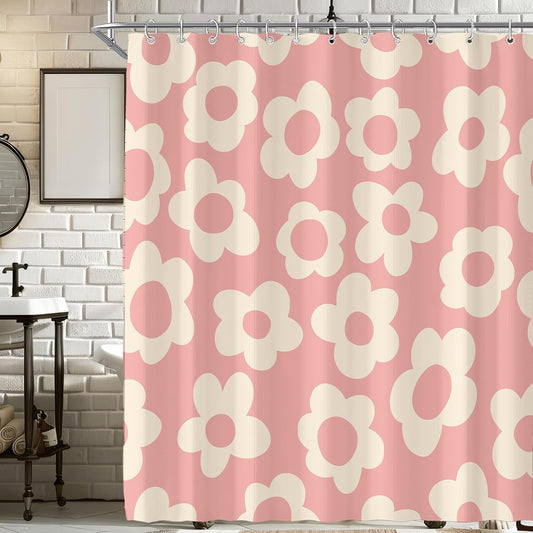 Pink Cute Girly Retro Floral Abstract Shower Curtain for Bathroom 72W*72H Inch Girl 70s Lovely Vintage Flower Aesthetic Funky Bathtub Decor Modern Trendy Waterproof Polyester Fabric Set with 12 Hooks