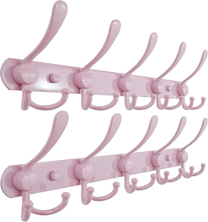 Dseap Coat Rack Wall Mounted - 5 Tri Hooks, Heavy Duty, Stainless Steel, Metal Coat Hook Rail for Coat Hat Towel Purse Robes Mudroom Bathroom Entryway (Pink, Pack of 2)