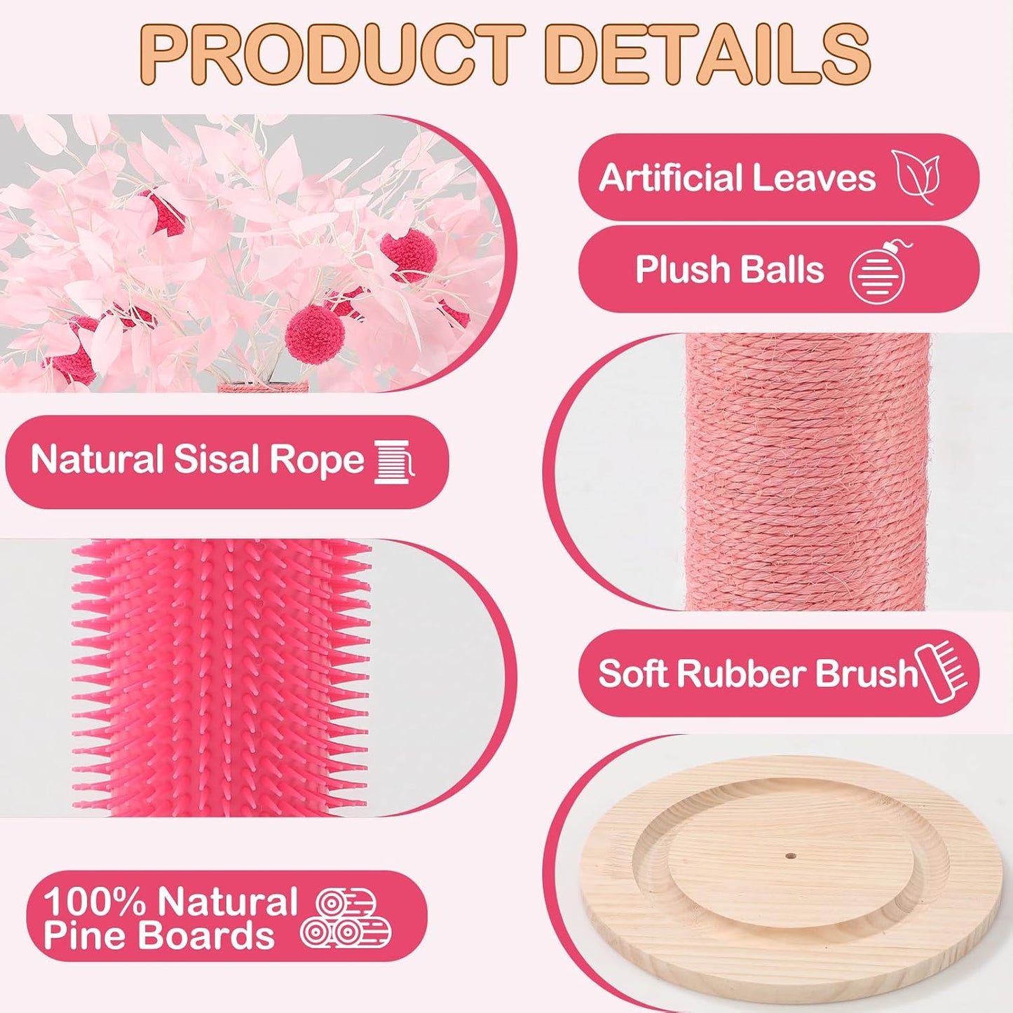 Cat Scratching Post for Indoor Cats Adults, 45 Inch Tall Cat Scratcher with Sisal Rope, Large Cats Scratching Posts with Hanging Ball for Kittens and Medium Large Cats (Pink Color)
