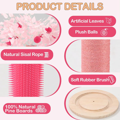 Cat Scratching Post for Indoor Cats Adults, 45 Inch Tall Cat Scratcher with Sisal Rope, Large Cats Scratching Posts with Hanging Ball for Kittens and Medium Large Cats (Pink Color)