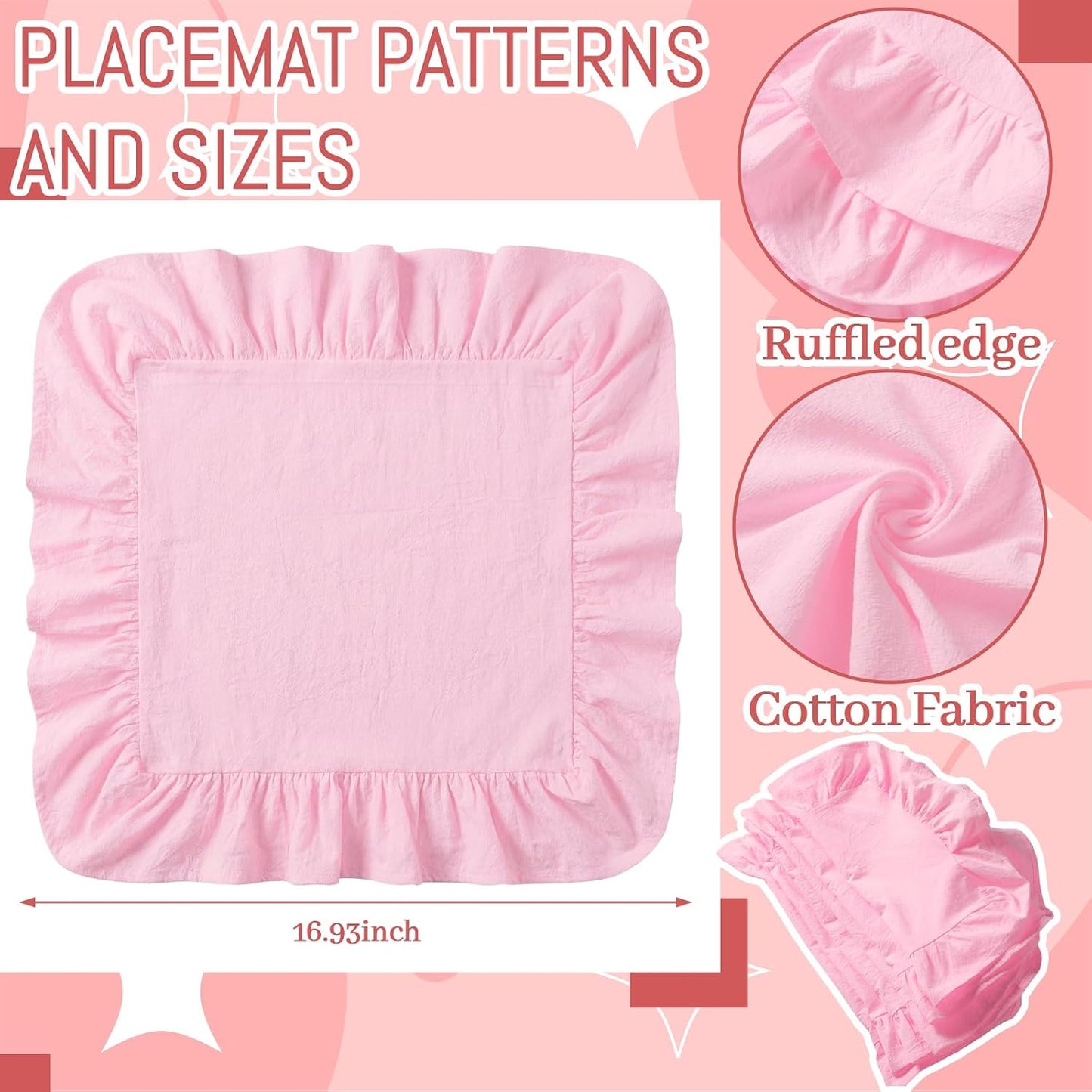 Patelai Set of 6 Pink Ruffle Placemat 16 Inch Light Pink Cotton Fabric Tablemat Farmhouse Rustic Decorative Scalloped Washable Place Mat for Valentines Wedding Holiday Party Kitchen Dining Table Decor