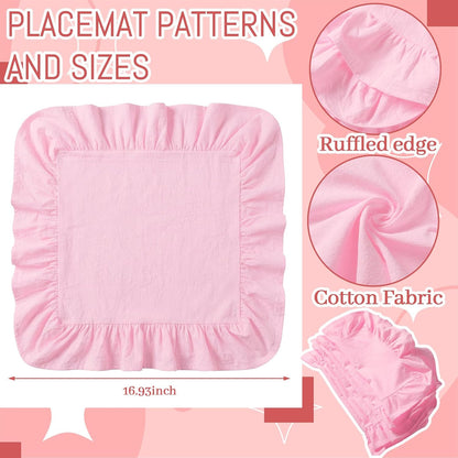 Patelai Set of 6 Pink Ruffle Placemat 16 Inch Light Pink Cotton Fabric Tablemat Farmhouse Rustic Decorative Scalloped Washable Place Mat for Valentines Wedding Holiday Party Kitchen Dining Table Decor