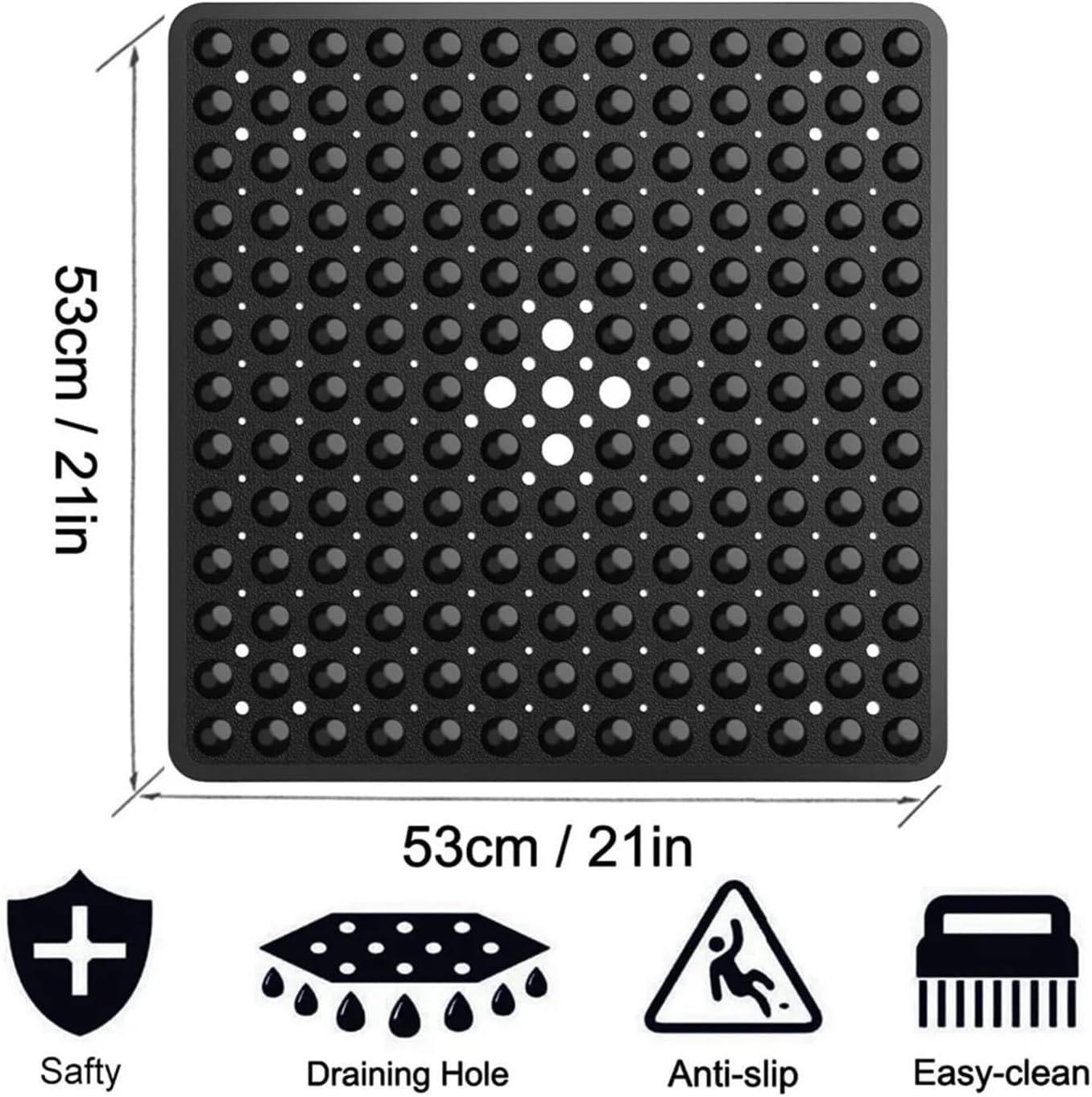 53x53cm Shower Mat Suction Cup PVC Anti Slip Bath Square Floor Pad Non Safety for Bathtub Bathroom Carpet(1x Pink)