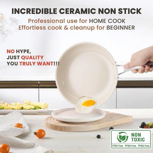 Kikcoin NONSTICK Frying Pans Set - Ceramic Frying Pans with Stay Cool Handle - 3 Sizes Versatile Frying Pans for Cooking (8+9.5+11 inch) - Induction Ready, Oven Safe